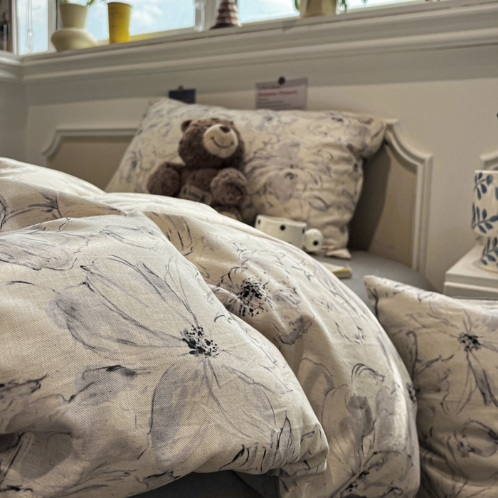 91家纺网 家纺一手货源 找家纺 忆生活家纺 2026新款复古田园风棉麻四件套 墨染