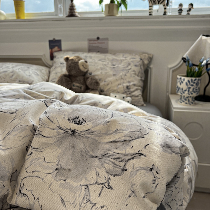 91家纺网 家纺一手货源 找家纺 忆生活家纺 2026新款复古田园风棉麻四件套 墨染