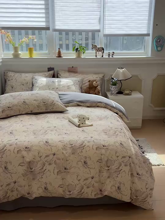 91家纺网 家纺一手货源 找家纺 忆生活家纺 2026新款复古田园风棉麻四件套 墨染