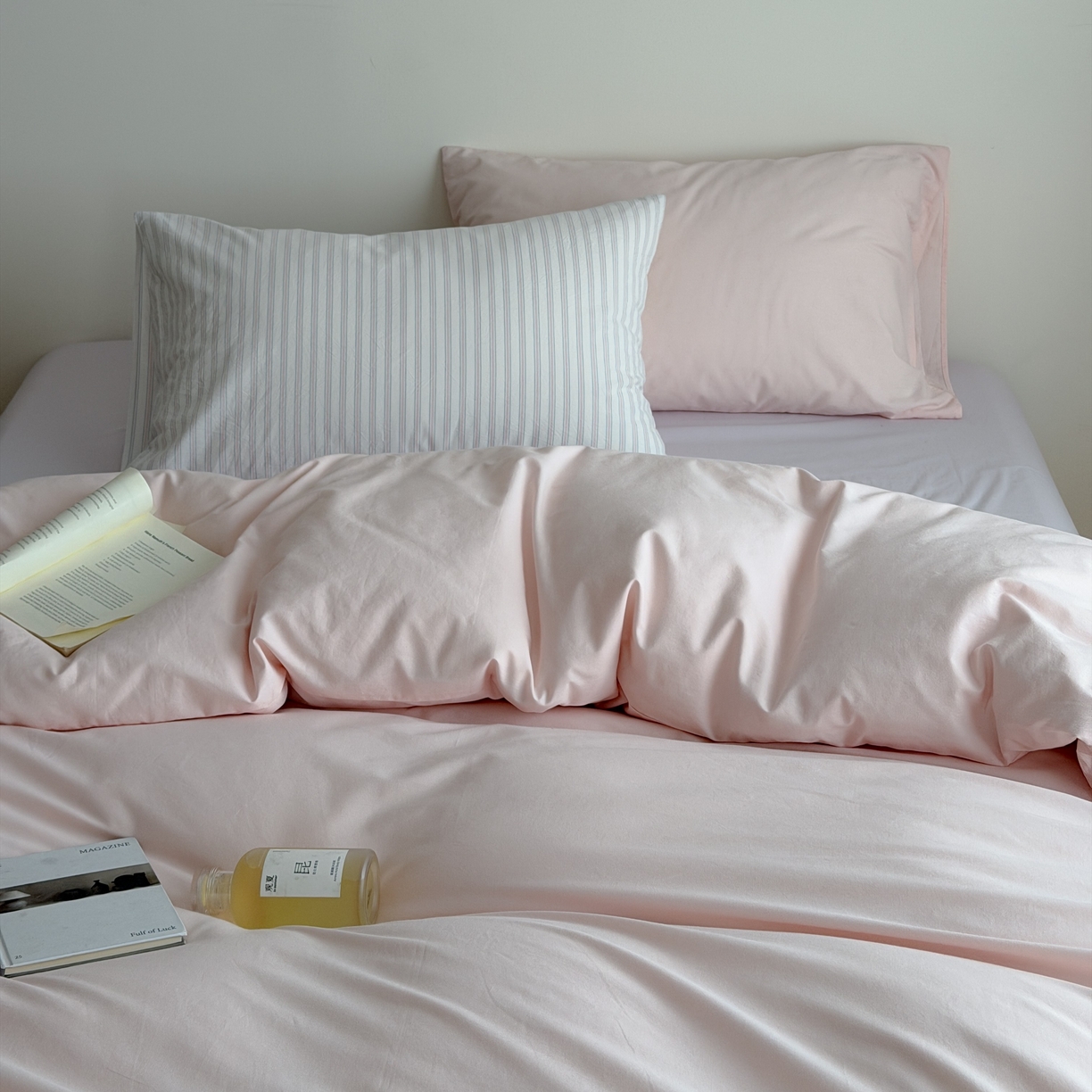 蜜宿 2026新款纯色混搭全棉纯棉40s水洗棉四件套 粉色星球（枕套粉蓝竖条+淡粉）