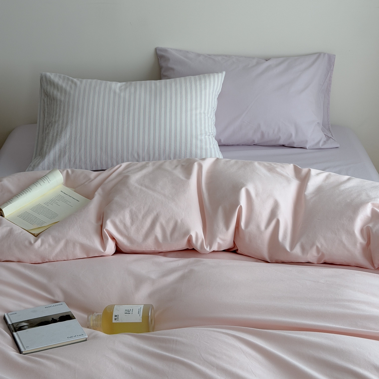 蜜宿 2026新款纯色混搭全棉纯棉40s水洗棉四件套 粉色星球（枕套粉蓝竖条+风信紫）