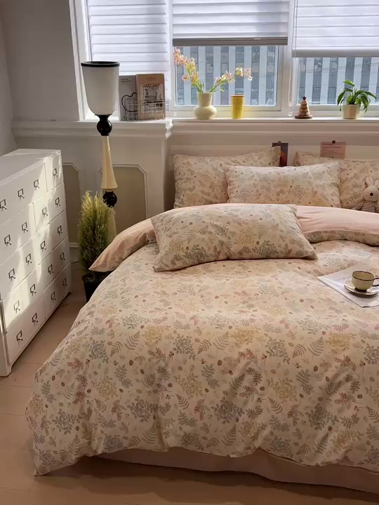 91家纺网 家纺一手货源 找家纺 忆生活家纺 2026新款复古田园风棉麻四件套 素影