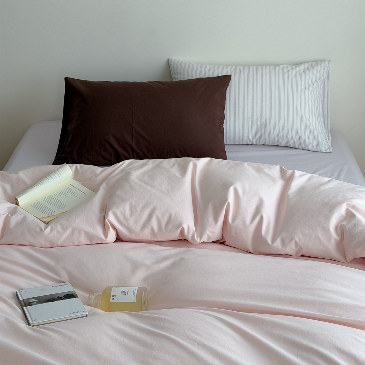 蜜宿 2026新款纯色混搭全棉纯棉40s水洗棉四件套 粉色星球（枕套粉蓝竖条+可可棕）