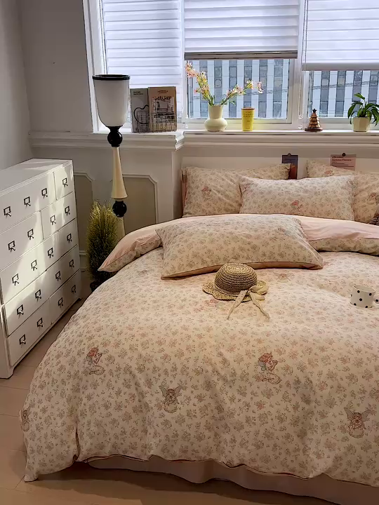 91家纺网 家纺一手货源 找家纺 忆生活家纺 2026新款复古田园风棉麻四件套 悠然-红