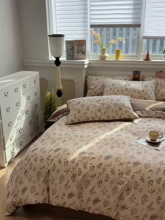 91家纺网 家纺一手货源 找家纺 忆生活家纺 2026新款复古田园风棉麻四件套 知夏-咖