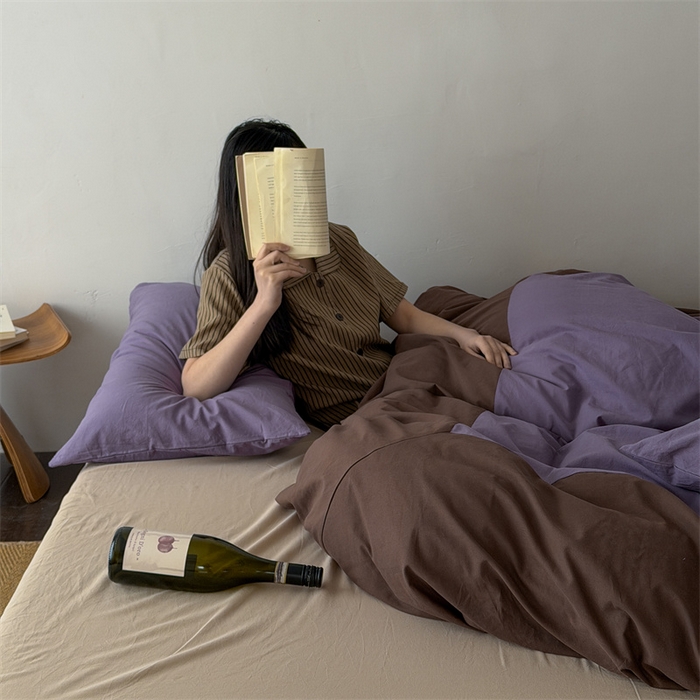 91家纺网 家纺一手货源 找家纺 小春日和 2026新款设计师款纯色拼角纯棉四件套全棉简约风被套纯色床单加大被套1.8床笠无印风四件套 瓦伦西亚