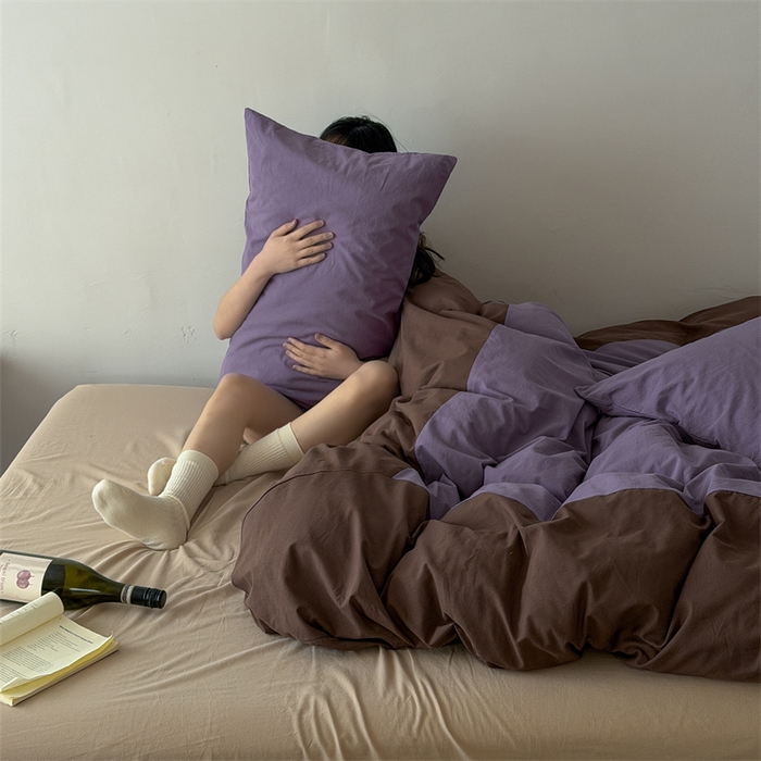 91家纺网 家纺一手货源 找家纺 小春日和 2026新款设计师款纯色拼角纯棉四件套全棉简约风被套纯色床单加大被套1.8床笠无印风四件套 瓦伦西亚