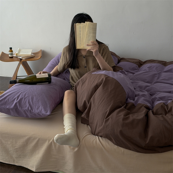 91家纺网 家纺一手货源 找家纺 小春日和 2026新款设计师款纯色拼角纯棉四件套全棉简约风被套纯色床单加大被套1.8床笠无印风四件套 瓦伦西亚