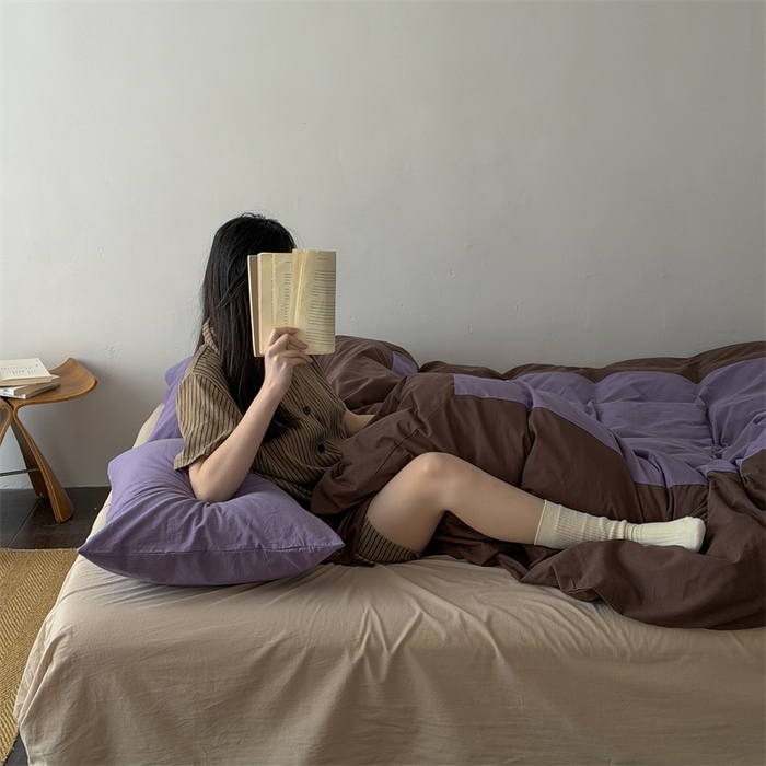 91家纺网 家纺一手货源 找家纺 小春日和 2026新款设计师款纯色拼角纯棉四件套全棉简约风被套纯色床单加大被套1.8床笠无印风四件套 瓦伦西亚