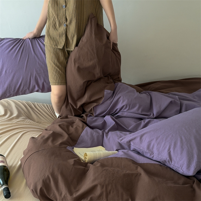 91家纺网 家纺一手货源 找家纺 小春日和 2026新款设计师款纯色拼角纯棉四件套全棉简约风被套纯色床单加大被套1.8床笠无印风四件套 瓦伦西亚