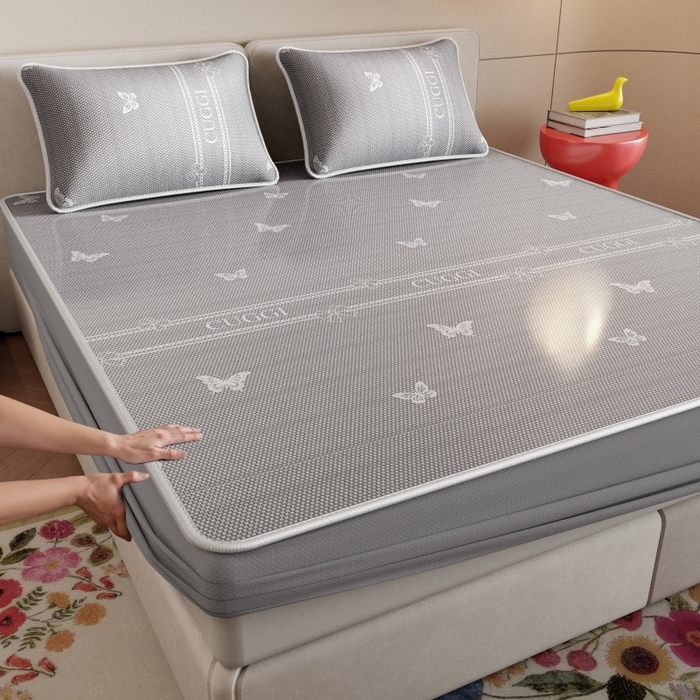 91家纺网 家纺一手货源 找家纺 福来临家纺 2026新款印花冰丝席席子凉席-床席款床笠款 蝴蝶灰-床笠款