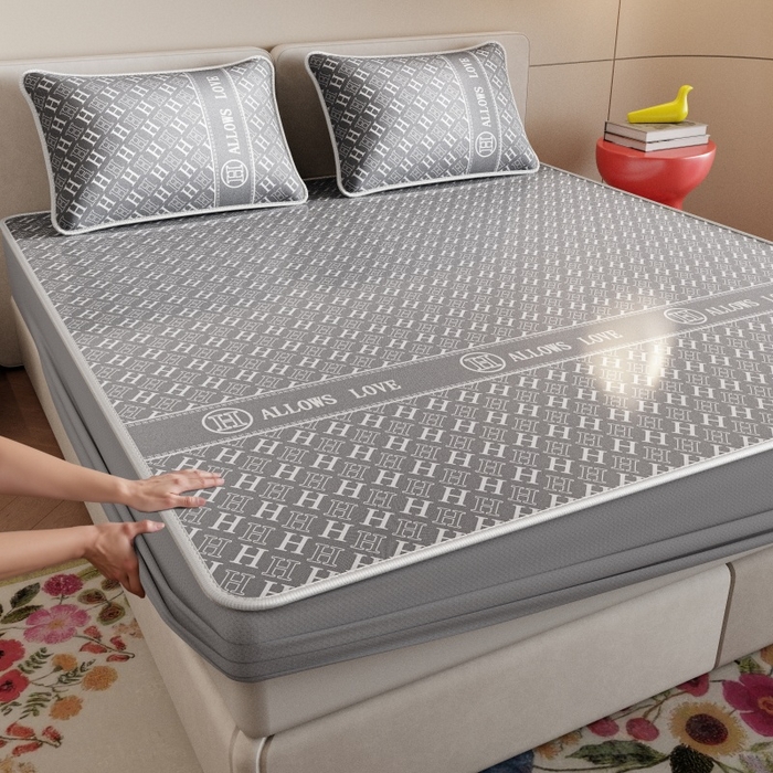 91家纺网 家纺一手货源 找家纺 福来临家纺 2026新款印花冰丝席席子凉席-床席款床笠款 灰H-床笠款