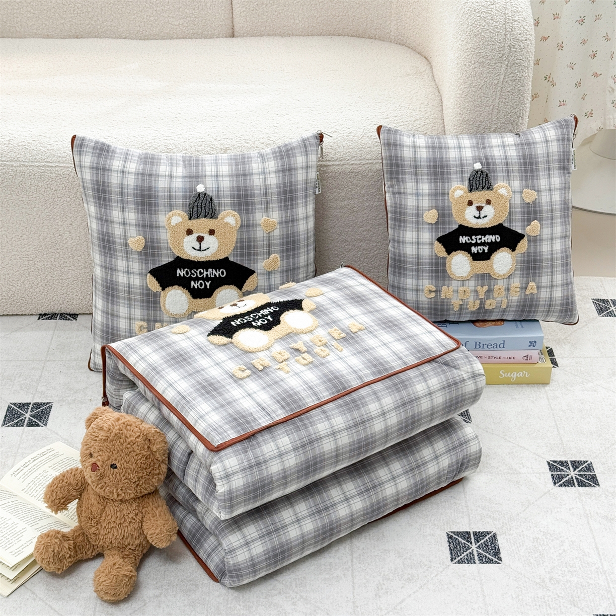 宝马家纺（原梦童画） 2026新款全棉色织帽子熊抱枕被 可爱熊-灰