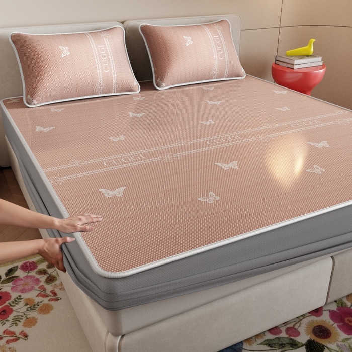 福来临家纺 2026新款印花冰丝席席子凉席-床席款床笠款 蝴蝶粉-床笠款