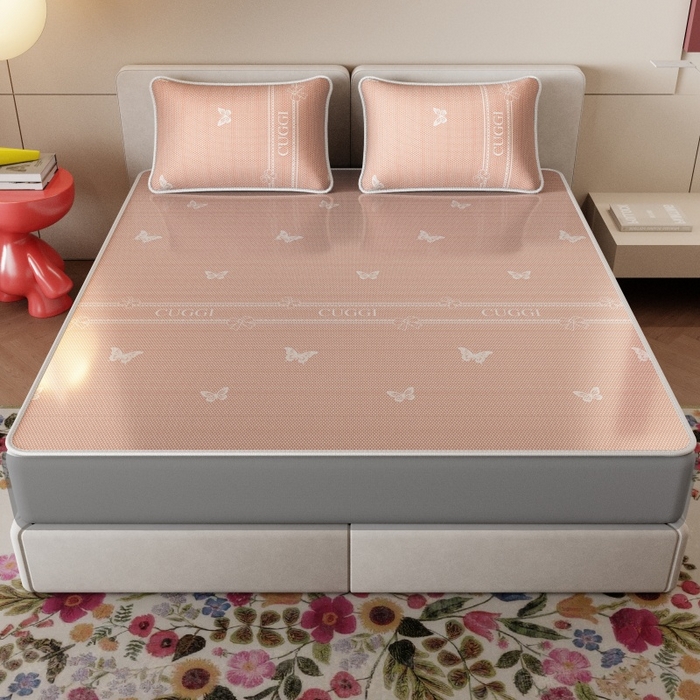 91家纺网 家纺一手货源 找家纺 福来临家纺 2026新款印花冰丝席席子凉席-床席款床笠款 蝴蝶粉-床笠款