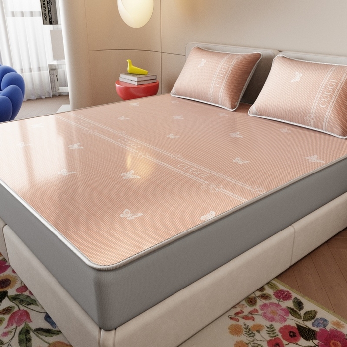 91家纺网 家纺一手货源 找家纺 福来临家纺 2026新款印花冰丝席席子凉席-床席款床笠款 蝴蝶粉-床笠款