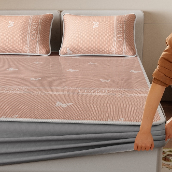 91家纺网 家纺一手货源 找家纺 福来临家纺 2026新款印花冰丝席席子凉席-床席款床笠款 蝴蝶粉-床笠款