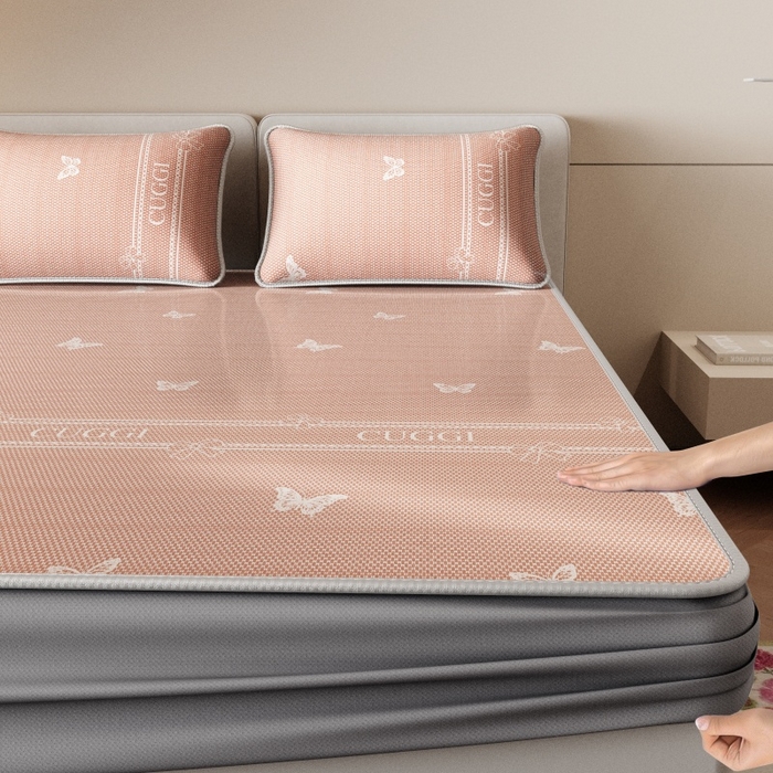 91家纺网 家纺一手货源 找家纺 福来临家纺 2026新款印花冰丝席席子凉席-床席款床笠款 蝴蝶粉-床笠款