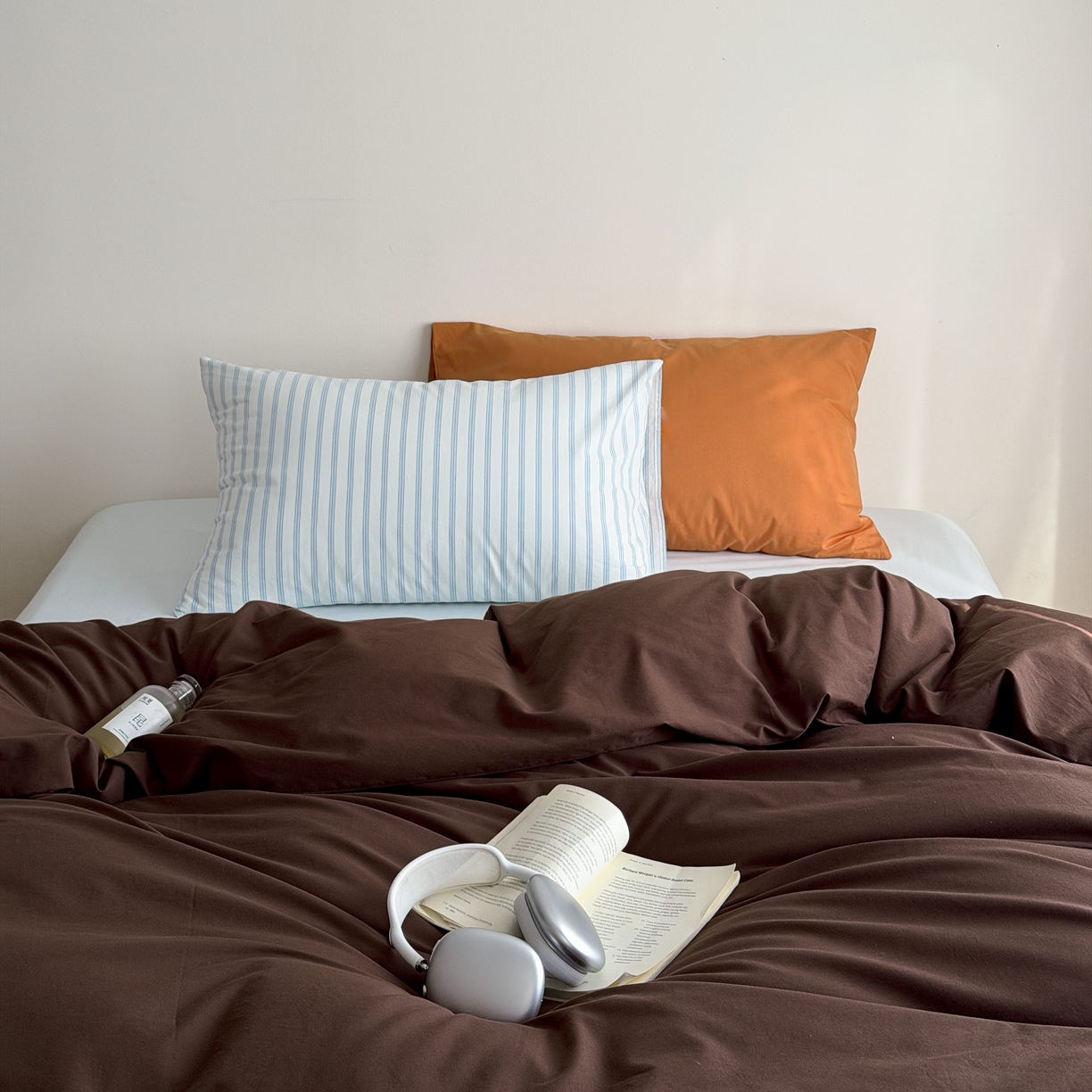 蜜宿 2026新款纯色混搭全棉纯棉40s水洗棉四件套 海盐栗子（枕套蓝绿竖条+南瓜泥）