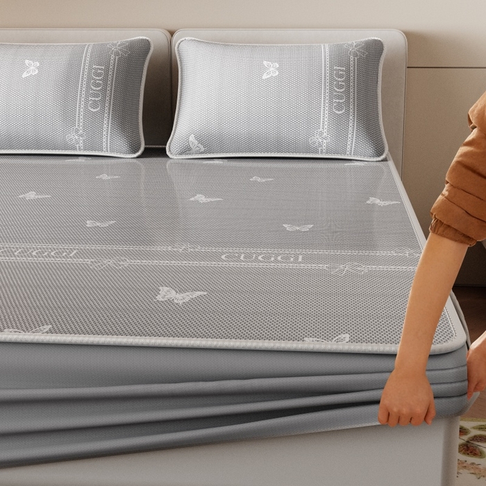 91家纺网 家纺一手货源 找家纺 福来临家纺 2026新款印花冰丝席席子凉席-床席款床笠款 蝴蝶灰-床笠款