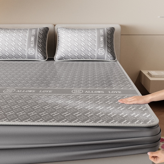 91家纺网 家纺一手货源 找家纺 福来临家纺 2026新款印花冰丝席席子凉席-床席款床笠款 灰H-床笠款