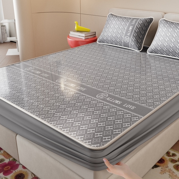 91家纺网 家纺一手货源 找家纺 福来临家纺 2026新款印花冰丝席席子凉席-床席款床笠款 灰H-床笠款