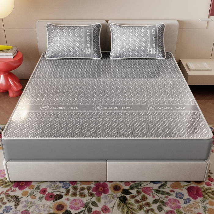 91家纺网 家纺一手货源 找家纺 福来临家纺 2026新款印花冰丝席席子凉席-床席款床笠款 灰H-床笠款