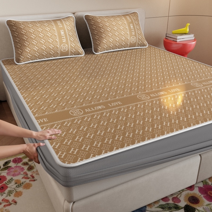 福来临家纺 2026新款印花冰丝席席子凉席-床席款床笠款 咖H-床笠款