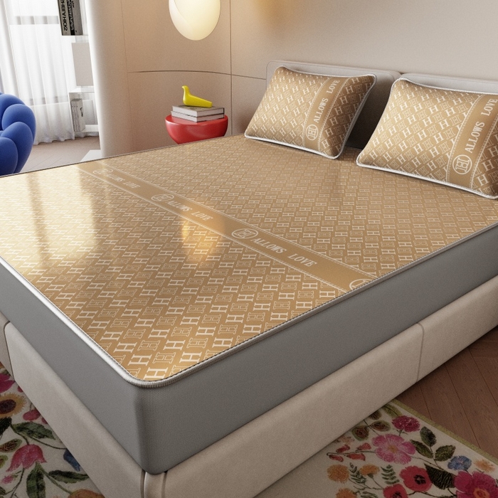 91家纺网 家纺一手货源 找家纺 福来临家纺 2026新款印花冰丝席席子凉席-床席款床笠款 咖H-床笠款