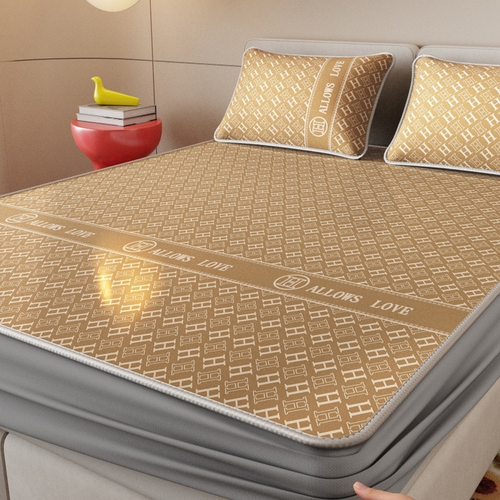 91家纺网 家纺一手货源 找家纺 福来临家纺 2026新款印花冰丝席席子凉席-床席款床笠款 咖H-床笠款