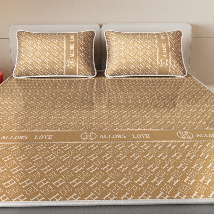 91家纺网 家纺一手货源 找家纺 福来临家纺 2026新款印花冰丝席席子凉席-床席款床笠款 咖H-床笠款