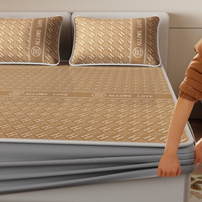 91家纺网 家纺一手货源 找家纺 福来临家纺 2026新款印花冰丝席席子凉席-床席款床笠款 咖H-床笠款