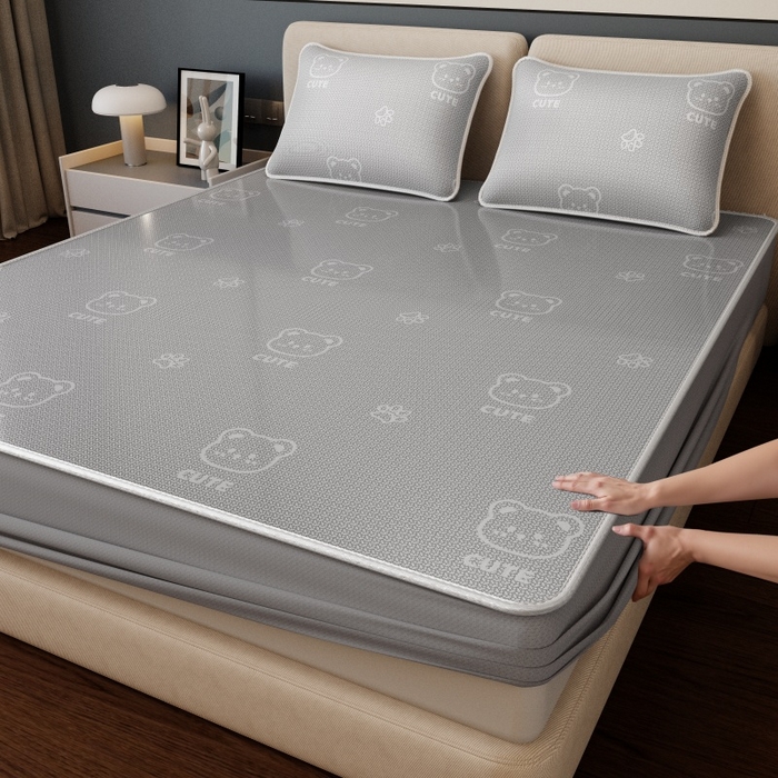 福来临家纺 2026新款印花冰丝席席子凉席-床席款床笠款 开心小熊灰-床笠款