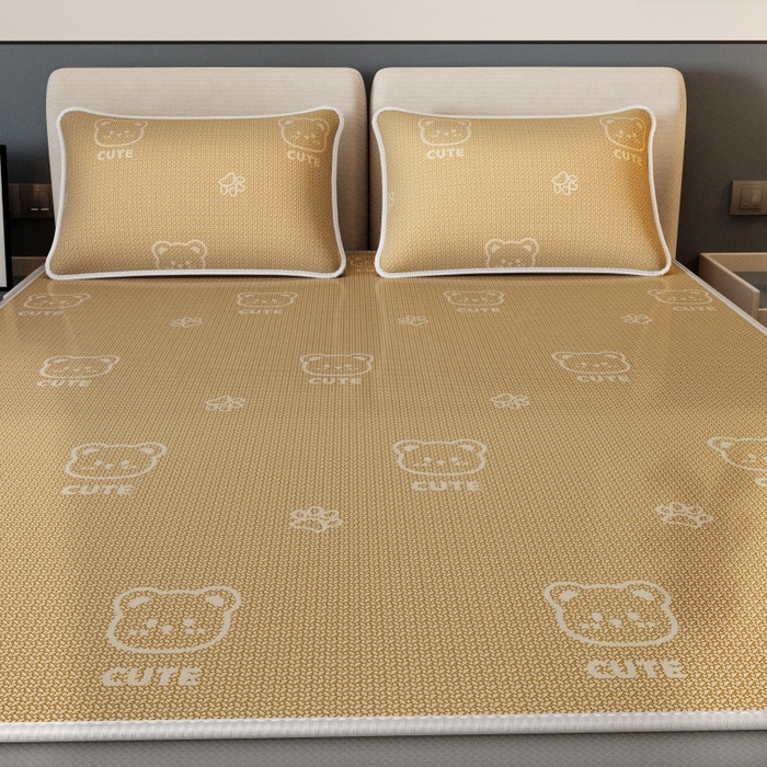 91家纺网 家纺一手货源 找家纺 福来临家纺 2026新款印花冰丝席席子凉席-床席款床笠款 开心小熊咖-床笠款