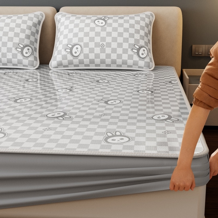 91家纺网 家纺一手货源 找家纺 福来临家纺 2026新款印花冰丝席席子凉席-床席款床笠款 拉布布灰-床笠款