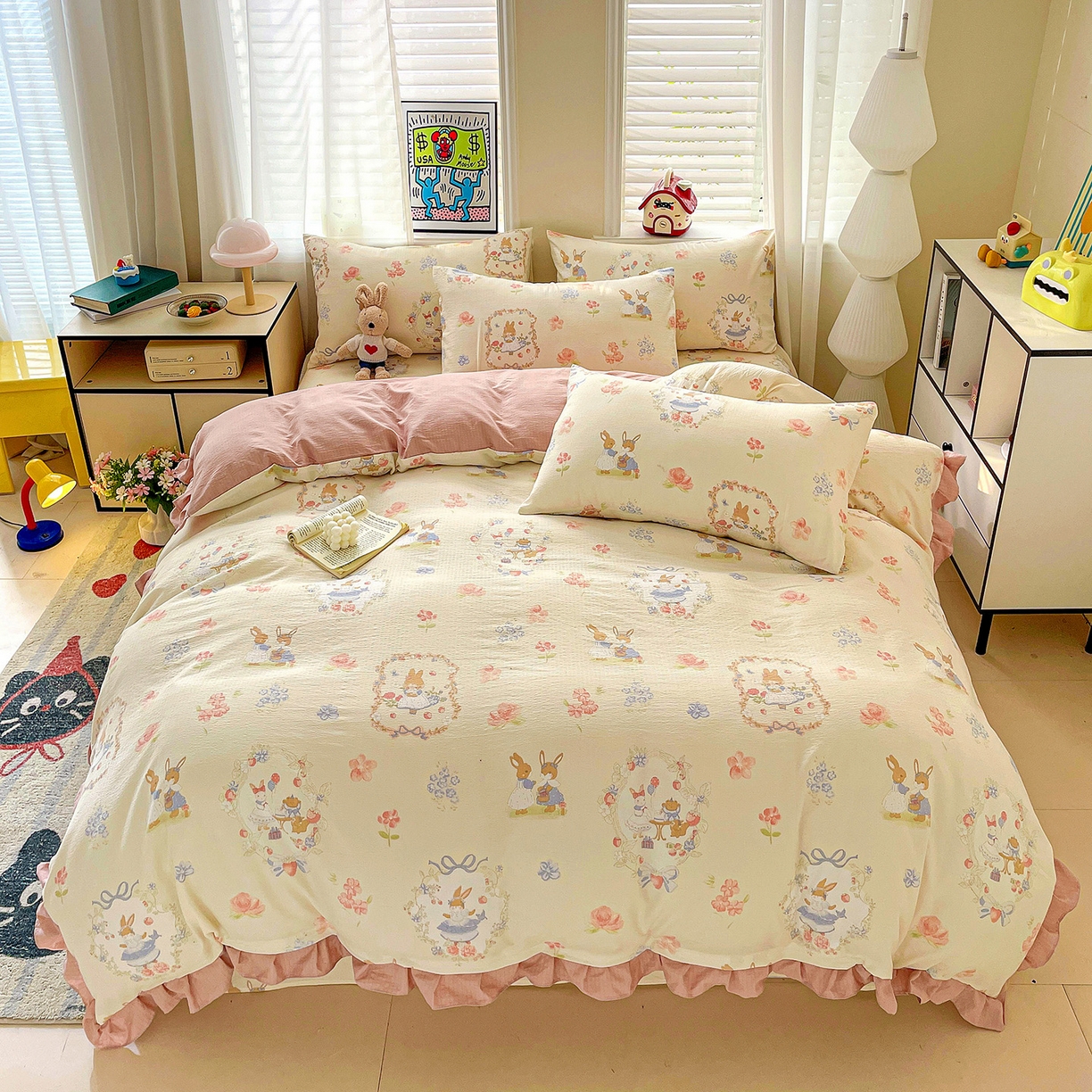 91家纺网 家纺一手货源 找家纺 （总）纽缦家纺 2026新款云感提花双层纱韩版床单三件套四件套