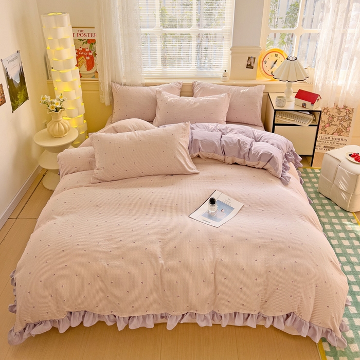 91家纺网 家纺一手货源 找家纺 纽缦家纺 2026新款云感提花双层纱韩版床单三件套四件套 倾心紫