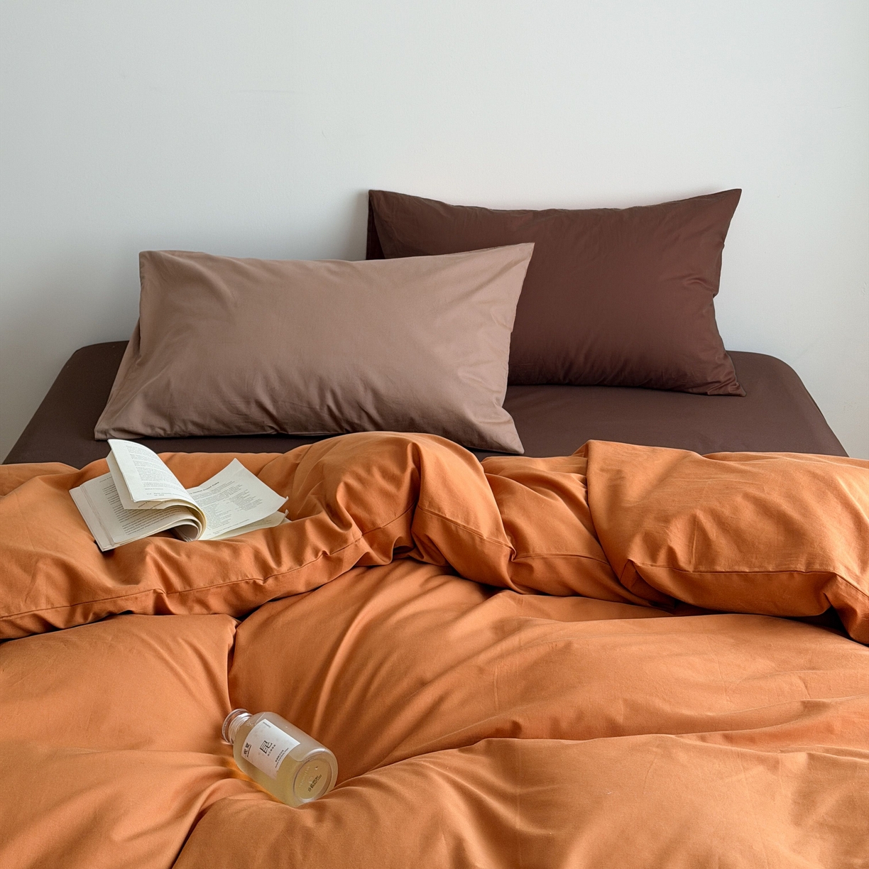 蜜宿 2026新款纯色混搭全棉纯棉40s水洗棉四件套 焦糖日落（枕套摩卡+可可棕）