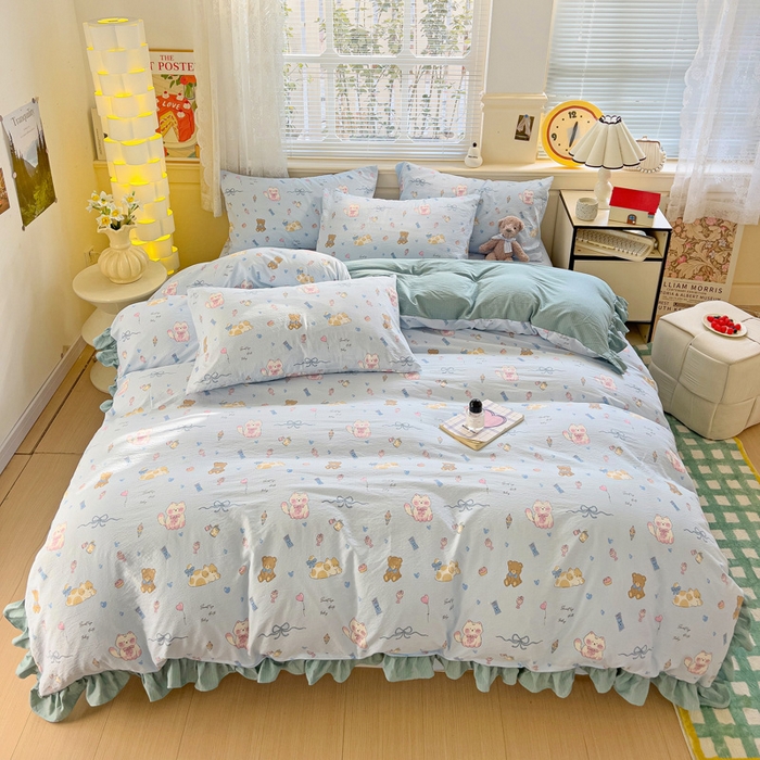 91家纺网 家纺一手货源 找家纺 纽缦家纺 2026新款云感提花双层纱韩版床单三件套四件套 小猫时光蓝