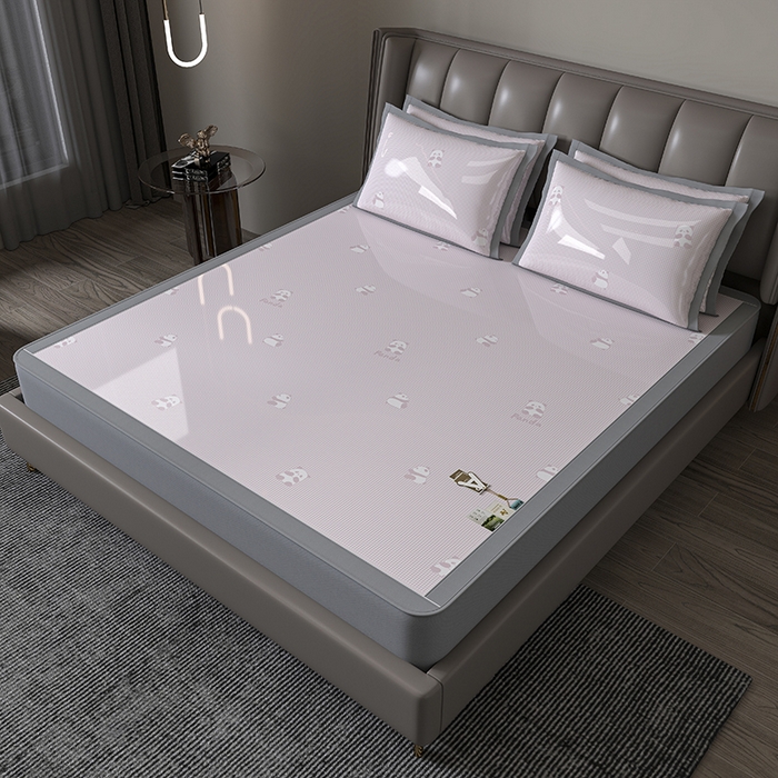 91家纺网 家纺一手货源 找家纺 小牛席业 2026新款双PE高凉感-熊猫格纹提花冰丝席（床笠款）凉席竹席藤席冰藤席乳胶席豆豆席 粉色