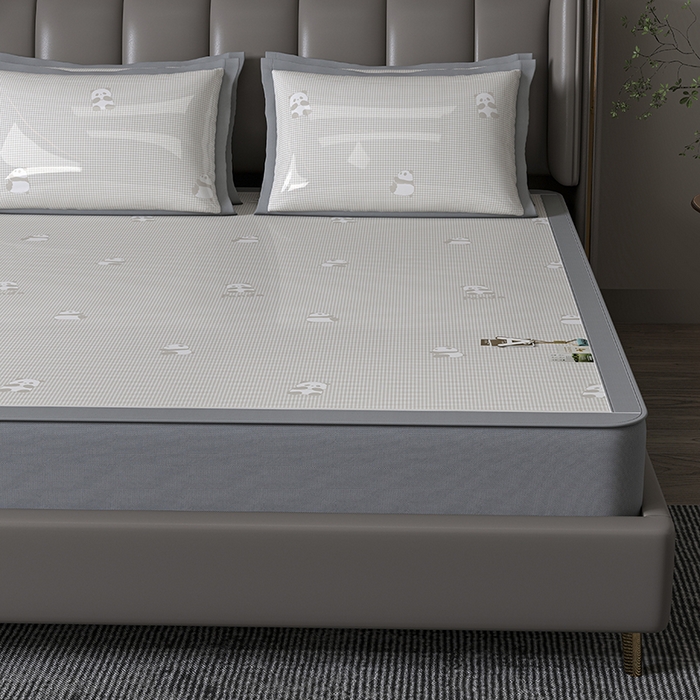 91家纺网 家纺一手货源 找家纺 小牛席业 2026新款双PE高凉感-熊猫格纹提花冰丝席（床笠款）凉席竹席藤席冰藤席乳胶席豆豆席 香槟