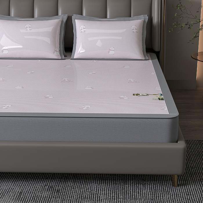 小牛席业 2026新款双PE高凉感-熊猫格纹提花冰丝席（床笠款）凉席竹席藤席冰藤席乳胶席豆豆席 粉色