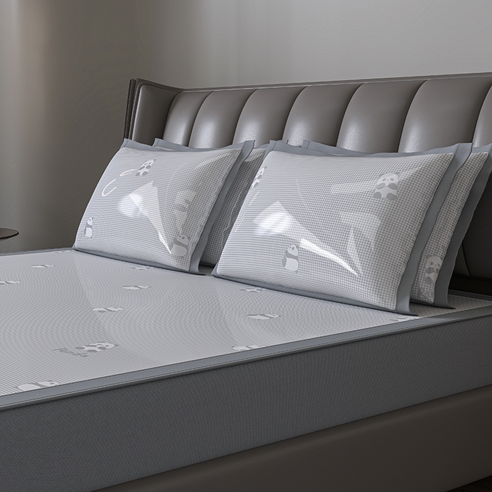 91家纺网 家纺一手货源 找家纺 小牛席业 2026新款双PE高凉感-熊猫格纹提花冰丝席（床笠款）凉席竹席藤席冰藤席乳胶席豆豆席 灰色