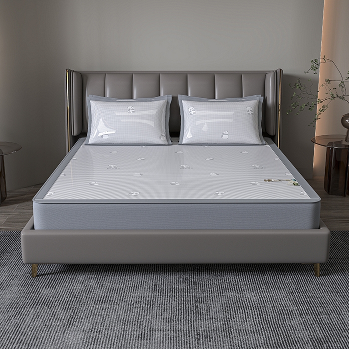 91家纺网 家纺一手货源 找家纺 小牛席业 2026新款双PE高凉感-熊猫格纹提花冰丝席（床笠款）凉席竹席藤席冰藤席乳胶席豆豆席 灰色