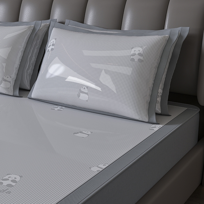 91家纺网 家纺一手货源 找家纺 小牛席业 2026新款双PE高凉感-熊猫格纹提花冰丝席（床笠款）凉席竹席藤席冰藤席乳胶席豆豆席 灰色