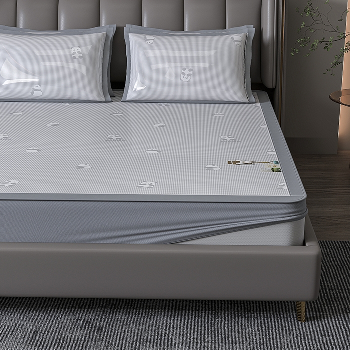 小牛席业 2026新款双PE高凉感-熊猫格纹提花冰丝席（床笠款）凉席竹席藤席冰藤席乳胶席豆豆席 灰色