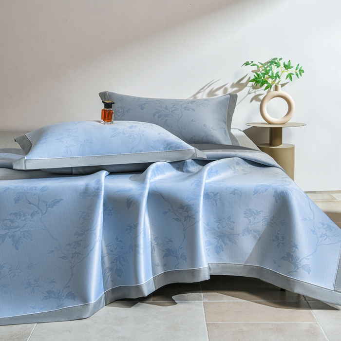 小牛席业 2026新款【实拍风格】牡丹画蔓大提花冰丝席凉席竹席藤席冰藤席乳胶席豆豆席 蓝色