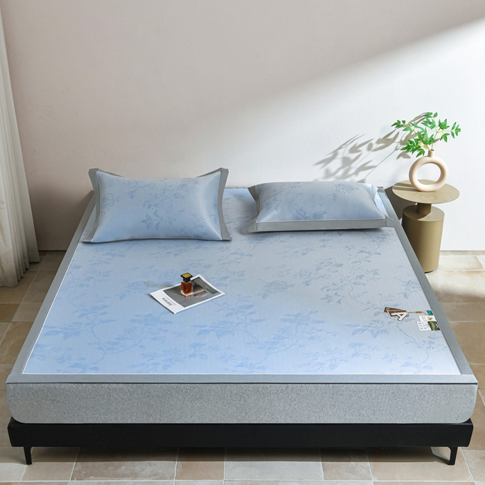 91家纺网 家纺一手货源 找家纺 小牛席业 2026新款【实拍风格】牡丹画蔓大提花冰丝席凉席竹席藤席冰藤席乳胶席豆豆席 蓝色