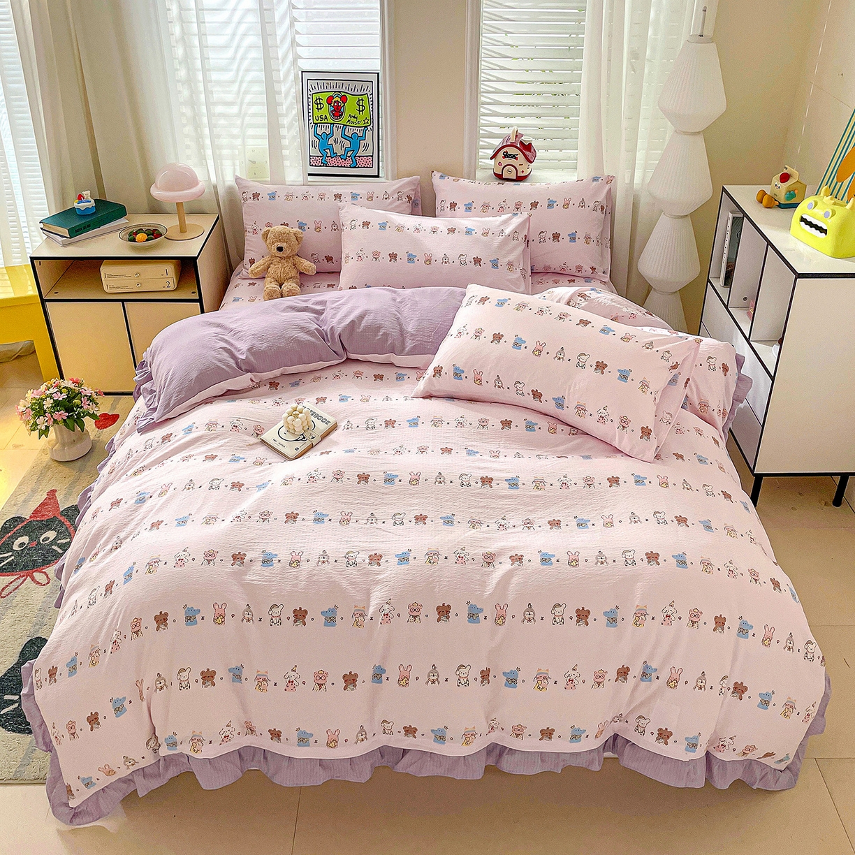 纽缦家纺 2026新款云感提花双层纱韩版床单三件套四件套 动物游园