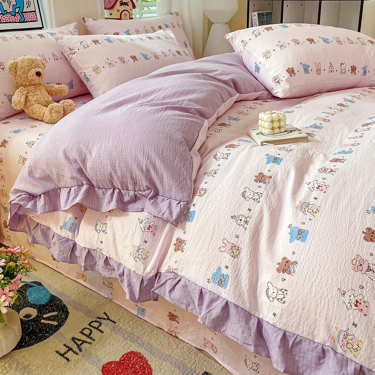 91家纺网 家纺一手货源 找家纺 纽缦家纺 2026新款云感提花双层纱韩版床单三件套四件套 动物游园